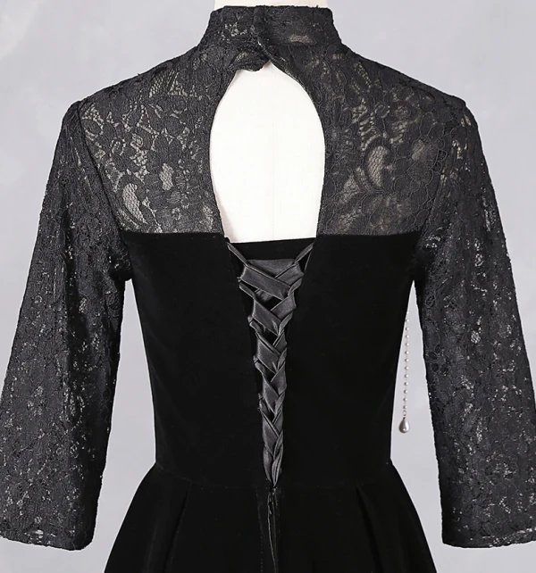 Chinese style Black Prom Dresses 2024 A-Line / Princess High Neck Short Sleeve Backless Floor-Length / Long Prom Formal Dresses