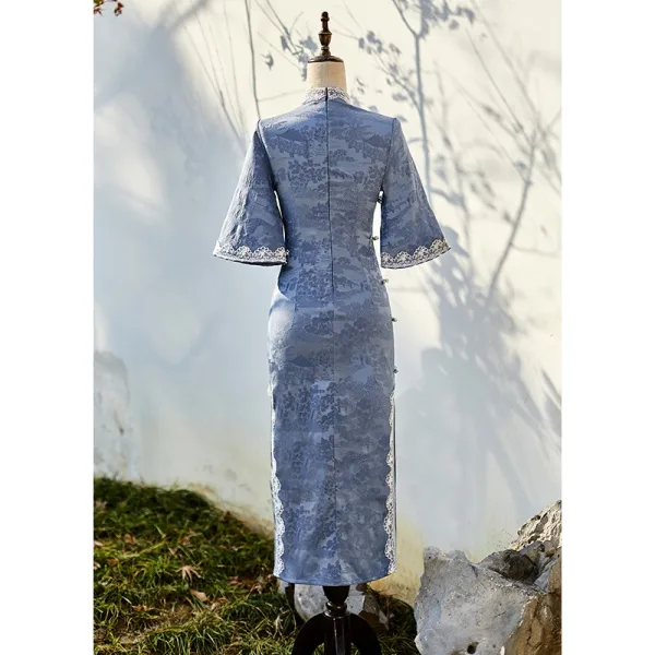Vintage / Retro Chinese style Sky Blue Lace Flower Summer Street Wear Cheongsam 2024 Trumpet / Mermaid High Neck 1/2 Sleeves Tea-length