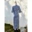 Vintage / Retro Chinese style Sky Blue Lace Flower Summer Street Wear Cheongsam 2024 Trumpet / Mermaid High Neck 1/2 Sleeves Tea-length