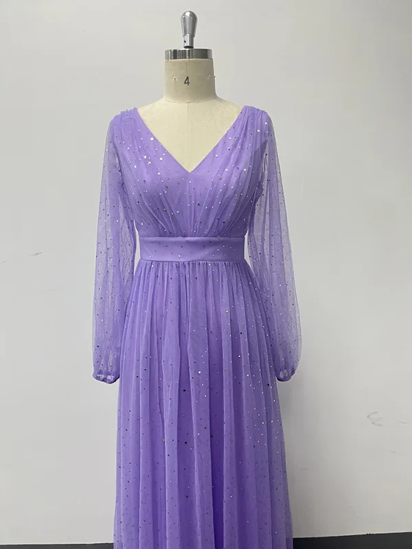 Modest / Simple Lavender Prom Dresses 2024 A-Line / Princess V-Neck Long Sleeve Backless Floor-Length / Long Prom Formal Dresses
