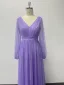 Modest / Simple Lavender Prom Dresses 2024 A-Line / Princess V-Neck Long Sleeve Backless Floor-Length / Long Prom Formal Dresses