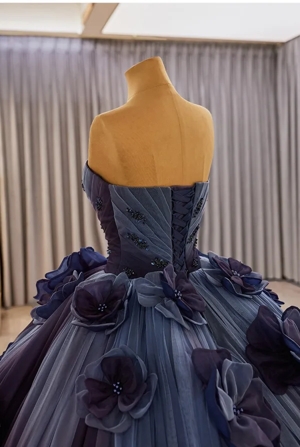 Luxury / Gorgeous High-end Navy Blue Beading Pearl Sequins Appliques Prom Dresses 2025 Ball Gown Sleeveless Backless Strapless Chapel Train Prom