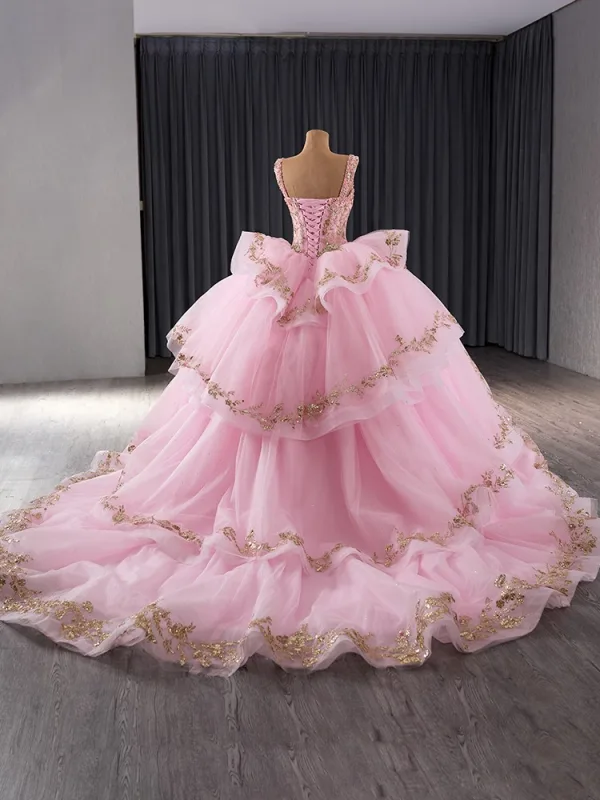 Haut de Gamme Rose Bonbon Fait main Perlage Perle Paillettes Volants en Cascade Robe De Bal 2024 Robe Boule Encolure Carrée Sans Manches Dos Nu Tribunal Train Promo Robe De Ceremonie