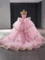Haut de Gamme Rose Bonbon Fait main Perlage Perle Paillettes Volants en Cascade Robe De Bal 2024 Robe Boule Encolure Carrée Sans Manches Dos Nu Tribunal Train Promo Robe De Ceremonie