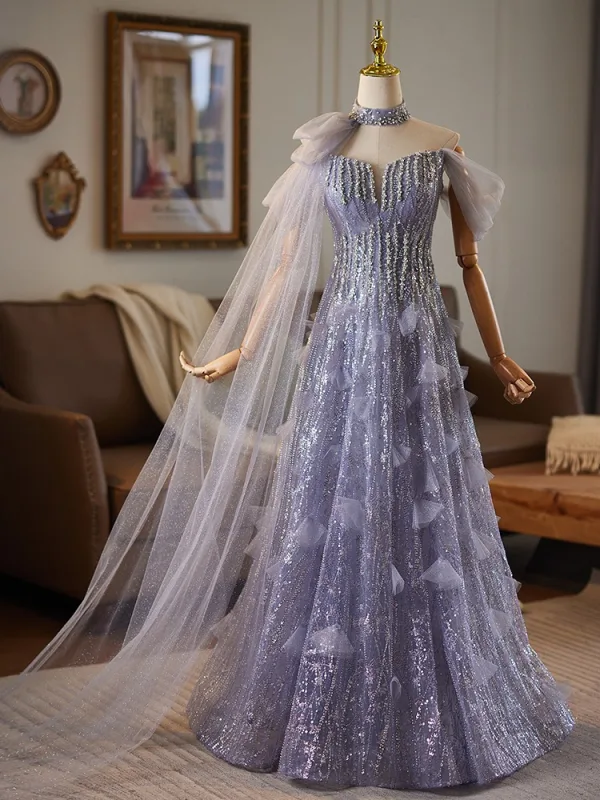 Bling Bling Lavender Beading Sequins Prom Dresses 2025 A-Line / Princess Off-The-Shoulder Sleeveless Backless Floor-Length / Long Formal Dresses
