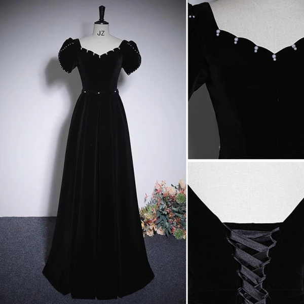 Elegant Black Velvet Prom Dresses 2023 A-Line / Princess Pearl Square Neckline Short Sleeve Backless Floor-Length / Long Prom Formal Dresses