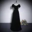 Elegant Black Velvet Prom Dresses 2023 A-Line / Princess Pearl Square Neckline Short Sleeve Backless Floor-Length / Long Prom Formal Dresses