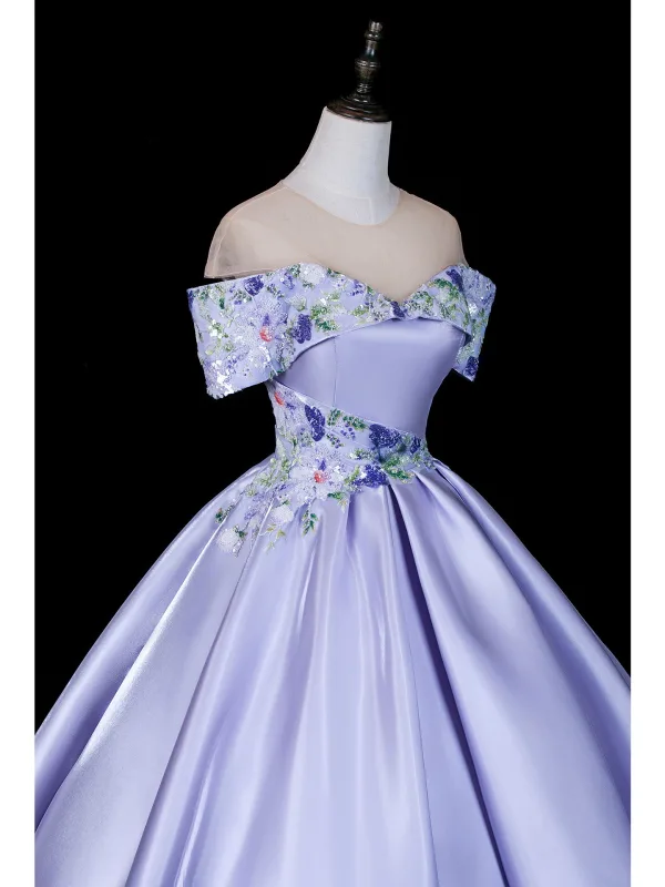 Elegant Lavender Beading Sequins Satin Prom Dresses 2026 Ball Gown Off-The-Shoulder Short Sleeve Backless
