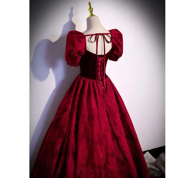 Elegant Burgundy Suede Lace Flower Prom Dresses 2022 A-Line / Princess Square Neckline Puffy Short Sleeve Backless Bow Floor-Length / Long Formal Dresses