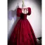 Elegant Burgundy Suede Lace Flower Prom Dresses 2022 A-Line / Princess Square Neckline Puffy Short Sleeve Backless Bow Floor-Length / Long Formal Dresses