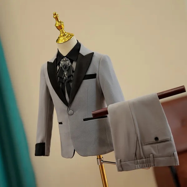 Grey Long Sleeve 5-piece Boys Wedding Suits 2024 Wedding Coat Pants Shirt Tie Vest