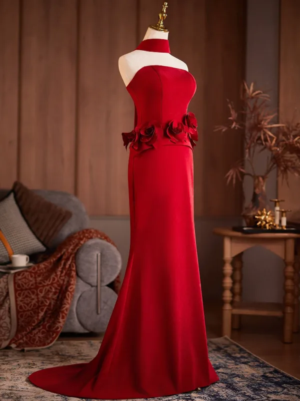 Vintage / Retro Red Appliques Prom Dresses 2026 Trumpet / Mermaid Strapless Sleeveless Backless Sweep Train Formal Dresses