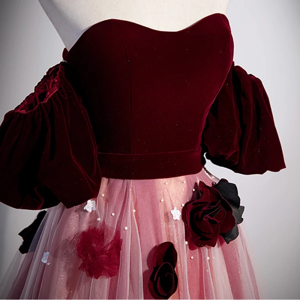 Elegant Burgundy Appliques Prom Dresses 2022 A-Line / Princess Strapless Pearl Sleeveless Backless Floor-Length / Long Prom Formal Dresses