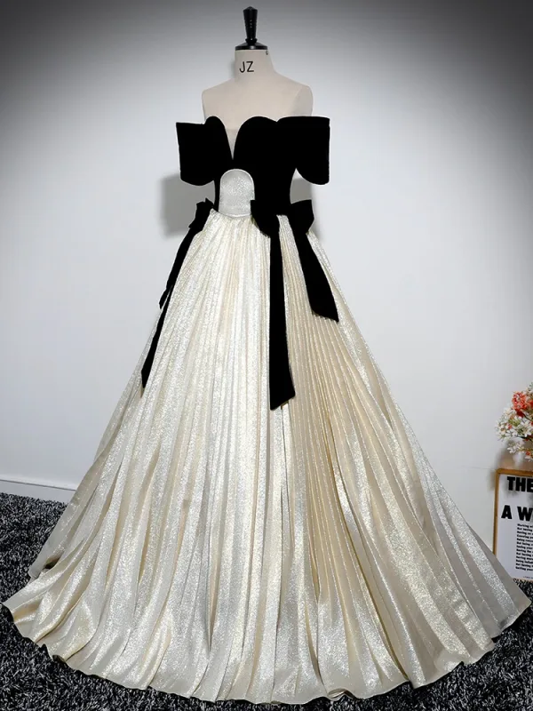 Élégant Champagne Glitter Satin Noeud Robe De Bal 2024 Robe Boule De l'épaule Manches Courtes Dos Nu Longue Promo Robe De Ceremonie