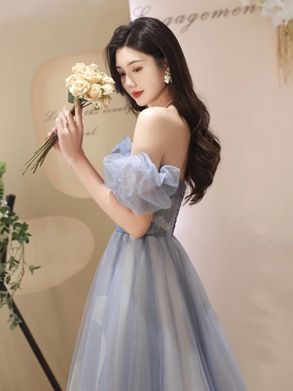 Chic / Beautiful Sky Blue Glitter Evening Dresses 2023 A-Line / Princess Off-The-Shoulder Pearl Short Sleeve Backless Floor-Length / Long Evening Party Formal Dresses