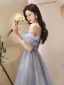 Chic / Beautiful Sky Blue Glitter Evening Dresses 2023 A-Line / Princess Off-The-Shoulder Pearl Short Sleeve Backless Floor-Length / Long Evening Party Formal Dresses