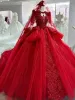Chinese style Red Beading Sequins Lace Flower Wedding Dresses 2024 Ball Gown Scoop Neck Long Sleeve Chapel Train Wedding