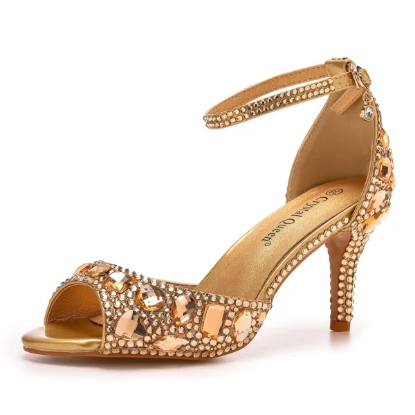 Charmant Silber Strass Abend Sandalen Damen 2023 7 cm Stilettos Peeptoes Knöchelriemen Sandaletten Hochhackige