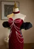 Chic / Beautiful Burgundy Beading Pearl Rhinestone Prom Dresses 2024 Trumpet / Mermaid Off-The-Shoulder Short Sleeve Backless Sweep Train Prom Formal Dresses