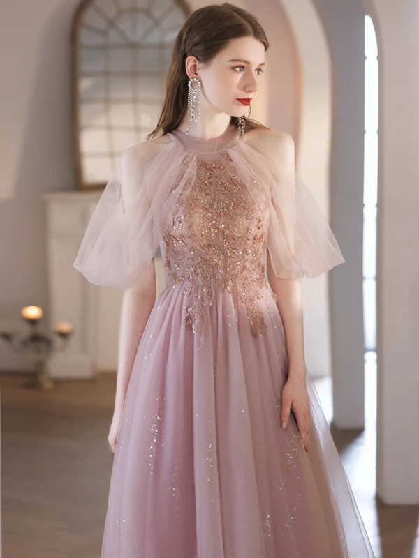 Chic / Beautiful Blushing Pink Beading Sequins Prom Dresses 2023 A-Line / Princess Scoop Neck Sleeveless Floor-Length / Long Prom Formal Dresses