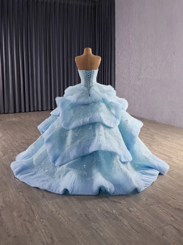 Luxury / Gorgeous Sky Blue Beading Cascading Ruffles Pearl Sequins Prom Dresses 2025 Ball Gown Strapless Sleeveless Backless Sweep Train Formal Dresses