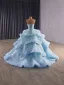 Luxury / Gorgeous Sky Blue Beading Cascading Ruffles Pearl Sequins Prom Dresses 2025 Ball Gown Strapless Sleeveless Backless Sweep Train Formal Dresses