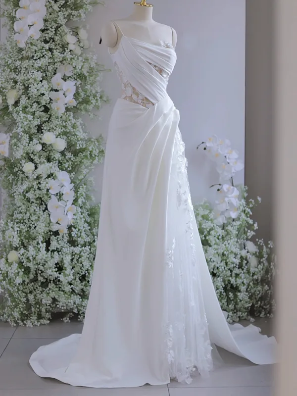 Charming White Appliques Lace Flower Satin Wedding Dresses 2024 A-Line / Princess One-Shoulder Sleeveless Backless Floor-Length / Long Wedding