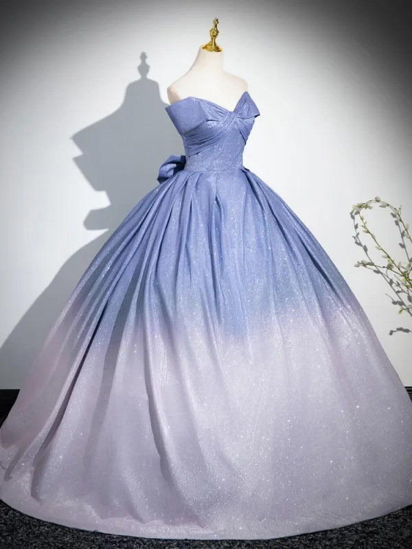 Chic / Beautiful Glitter Sky Blue Prom Dresses 2024 Ball Gown Strapless Sleeveless Backless Bow Floor-Length / Long Prom Formal Dresses