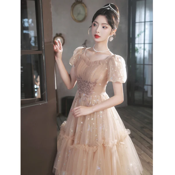 Chic / Beautiful Khaki Beading Sequins Prom Dresses 2023 A-Line / Princess Square Neckline Short Sleeve Backless Floor-Length / Long Prom Formal Dresses