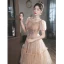 Chic / Beautiful Khaki Beading Sequins Prom Dresses 2023 A-Line / Princess Square Neckline Short Sleeve Backless Floor-Length / Long Prom Formal Dresses