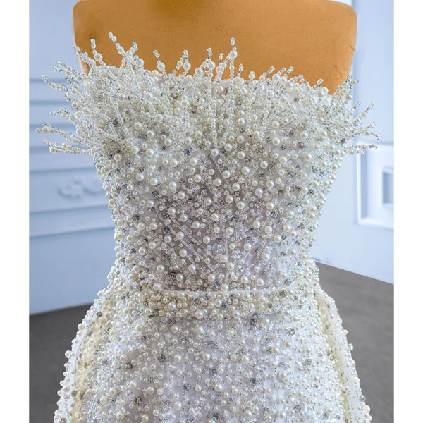 High End Weiß Perlenstickerei Perle Strass Brautkleider / Hochzeitskleider 2022 Meerjungfrau Bandeau Ärmellos Rückenfreies Hof-Schleppe Hochzeit