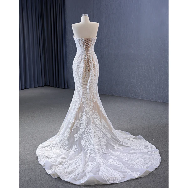 Luxury / Gorgeous White Handmade  Beading Lace Flower Wedding Dresses 2023 Trumpet / Mermaid Strapless Sleeveless Backless Court Train Wedding
