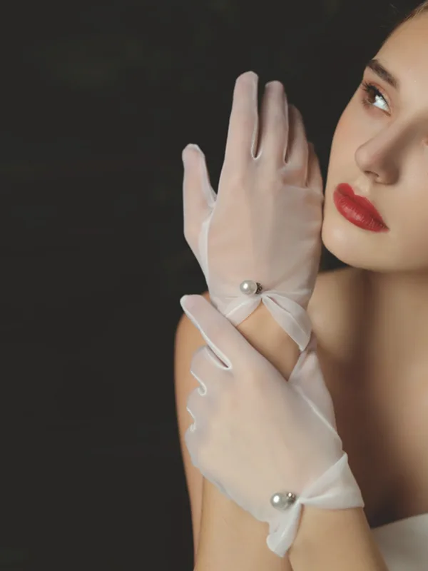 Hvit Audrey Hepburn Stil Perle Sløyfe Satin Bryllup Brudehansker 2025