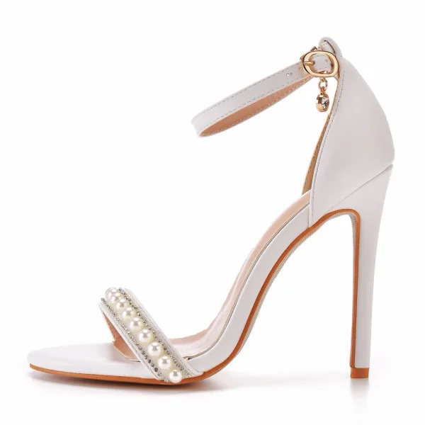 Sexy White Pearl Rhinestone Ankle Strap Wedding Shoes 2025 11 cm Stiletto Heels Open / Peep Toe Wedding Sandals High Heels
