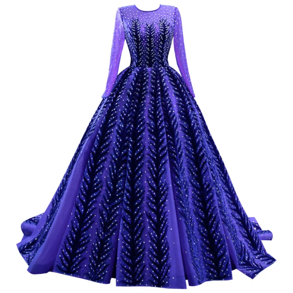 Vintage / Retro High-end Navy Blue Beading Sequins Prom Dresses 2023 Ball Gown Scoop Neck Long Sleeve Court Train Prom Formal Dresses