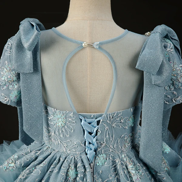 Luxury / Gorgeous Sky Blue Beading Pearl Sequins Cascading Ruffles Birthday Flower Girl Dresses 2023 Ball Gown Scoop Neck Short Sleeve Bow Backless Sweep Train