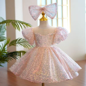 Scintillantes Rougissant Rose Paillettes Noeud Anniversaire Robe Ceremonie Fille 2022 Robe Boule Encolure Dégagée Gonflée Manches Courtes Courte Robe Ceremonie Fille