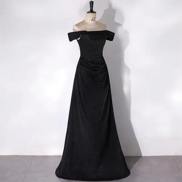 Audrey Hepburn Style Black Ruffle Prom Dresses 2024 A-Line / Princess Off-The-Shoulder Short Sleeve Backless Floor-Length / Long Prom Formal Dresses