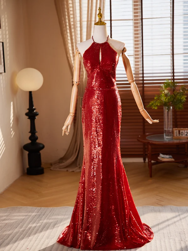 Fashion Red Sequins Evening Dresses 2024 Trumpet / Mermaid Halter Sleeveless Backless Floor-Length / Long Evening Party Formal Dresses