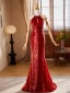 Fashion Red Sequins Evening Dresses 2024 Trumpet / Mermaid Halter Sleeveless Backless Floor-Length / Long Evening Party Formal Dresses