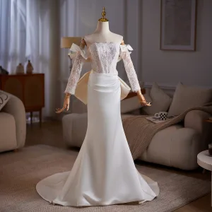 Elegant Ivory Lace Flower Satin Wedding Dresses 2025 Trumpet Mermaid Strapless 3 4 Sleeve Backless Bow Sweep Train