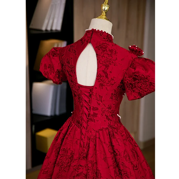 Vintage / Retro Burgundy Pearl Lace Flower Prom Dresses 2022 A-Line / Princess High Neck Puffy Short Sleeve Floor-Length / Long Backless Formal Dresses