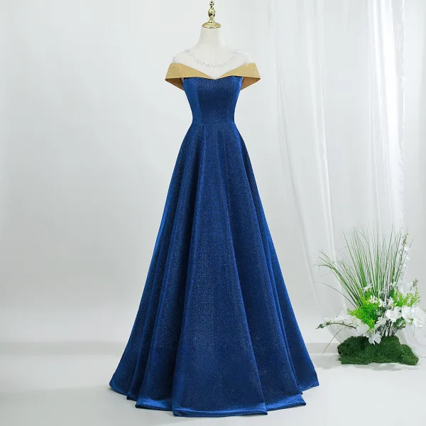Vintage Ocean Blå Glittriga / Glitter Balklänningar 2026 Prinsessa Urringning Korta ärm Halterneck
