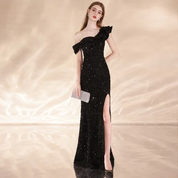 Sexy Scintillantes Noire Perlage Paillettes Robe De Soirée 2023 Trompette Sirène Une Épaule Sans Manches Dos Nu Fendue Devant Longue Soirée Robe De Ceremonie