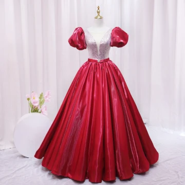 Elegant Burgundy Rhinestone Sequins Prom Dresses 2024 Ball Gown Scoop Neck Puffy Short Sleeve Backless Floor Length Long Prom Formal Dresses