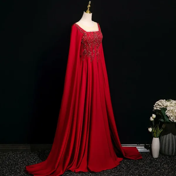 Chic / Belle Bordeaux Perlage Paillettes Robe De Bal 2025 Princesse Encolure Dégagée Manches Longues Longue Robe De Ceremonie
