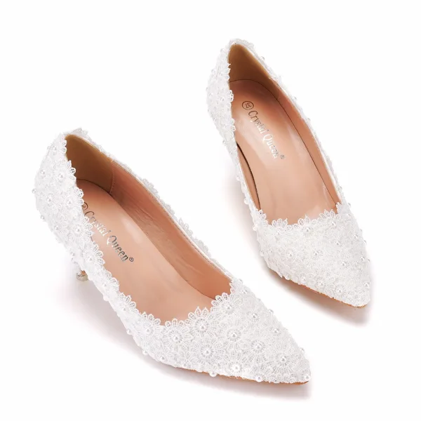 Elegant White Pearl Lace Flower Wedding Shoes 2023 7 cm Stiletto Heels Pointed Toe Wedding Pumps High Heels