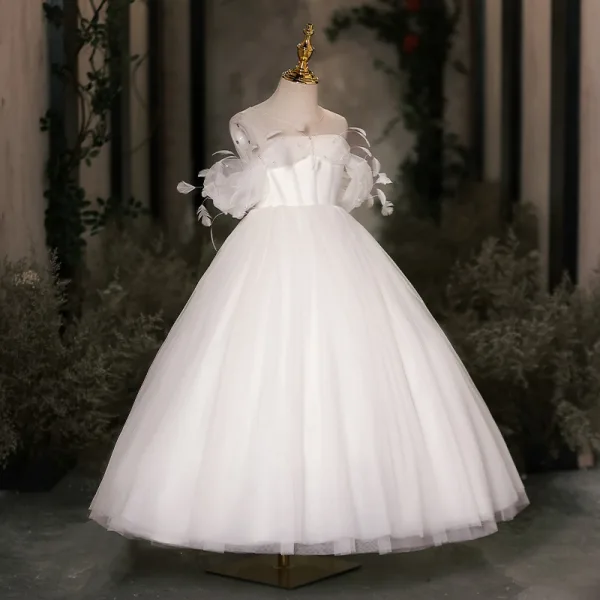 Elegant White Pearl Birthday Flower Girl Dresses 2024 Ball Gown Scoop Neck Short Sleeve Backless Floor-Length / Long Tulle