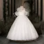 Elegant White Pearl Birthday Flower Girl Dresses 2024 Ball Gown Scoop Neck Short Sleeve Backless Floor-Length / Long Tulle