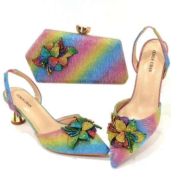 Charming Rainbow Multi-Colors Rhinestone Flower Evening Party Womens Sandals Clutch Bags 2023 6 cm Stiletto Heels Pointed Toe Sandals High Heels Clutch Bags